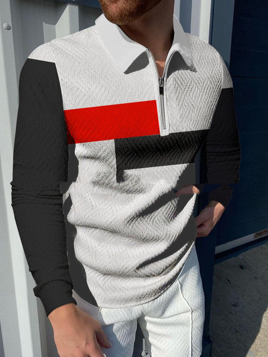New Long Sleeve 3D Stripe Lapel Comfortable Casual Men's Fashion Polo Shirt